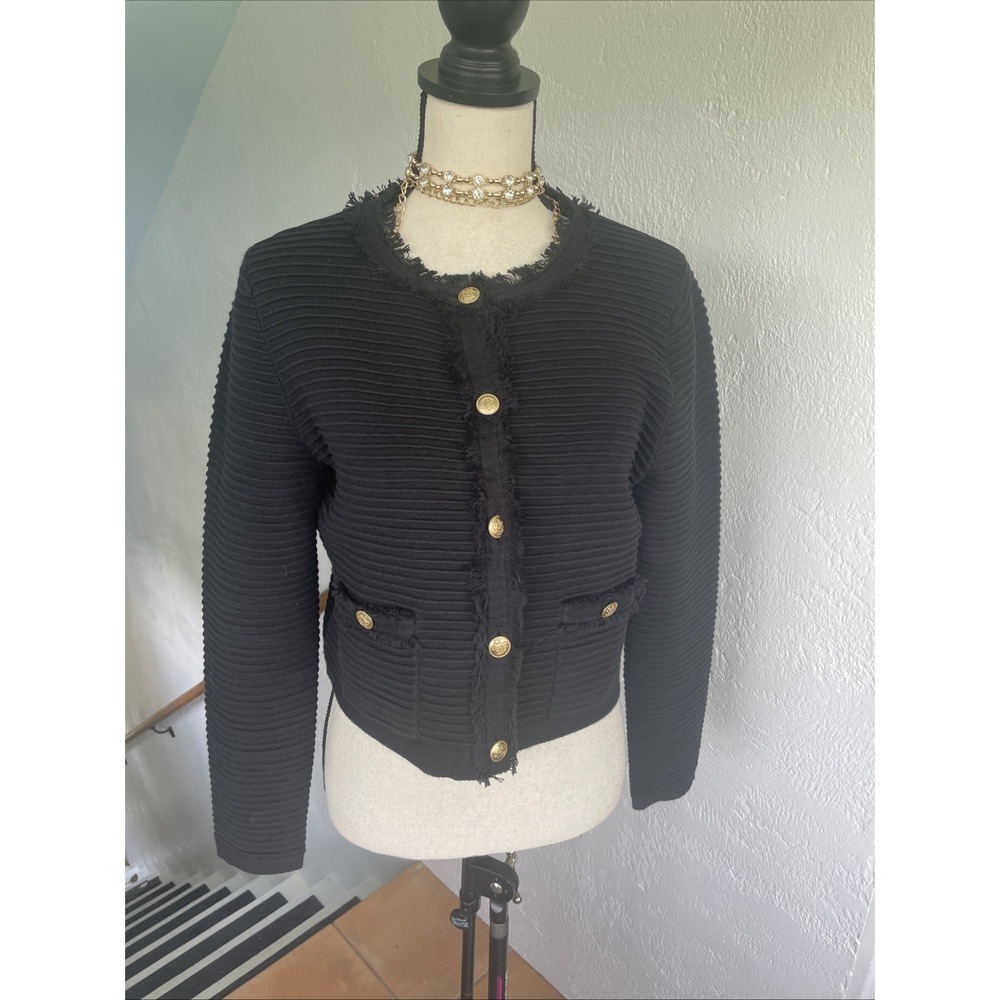 J Crew Sweater Womens Medium Black Cable Knit Ruffle Neck Cardigan Gold Buttons